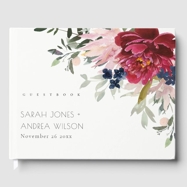 Red Burgundy Blush Blue Peony Floral Bunch Wedding Gästebuch (Vorderseite)