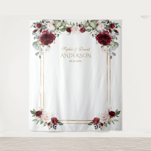 Red Burgundy Blush Floral Wedding Foto Prop Wandteppich (Vorderseite)