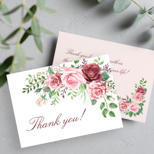 Red Burgundy Blush Pink Roses Wedding Dankeskarte (Von Creator hochgeladen)