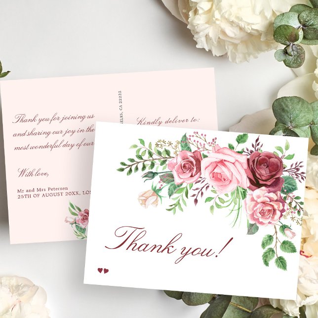 Red Burgundy Blush Pink Roses Wedding Postkarte (Von Creator hochgeladen)