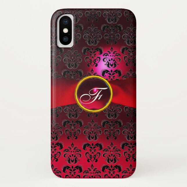 RED BURGUNDY DAMASK RIBBON GEM MONOGRAM Case-Mate iPhone HÜLLE (Rückseite)