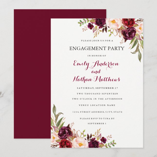 Red Burgundy Floral Fall Engagement Party Card Einladung (Vorne/Hinten)
