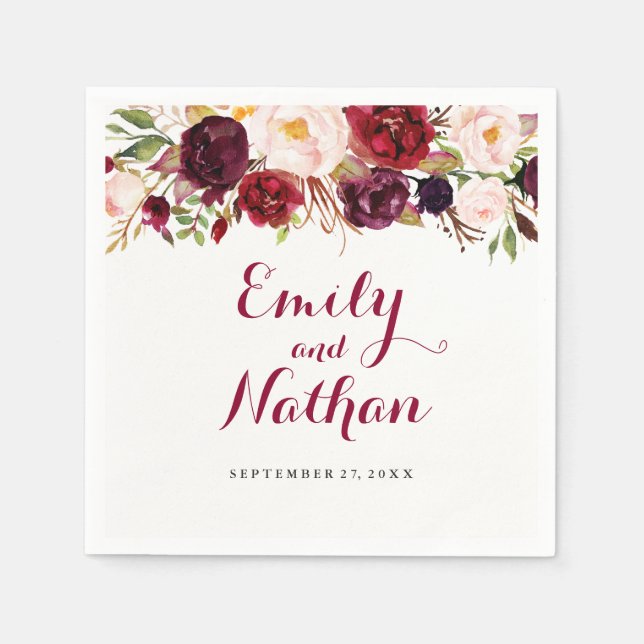 Red Burgundy Floral Hochzeit im Herbst Napkin Serviette (Vorderseite)