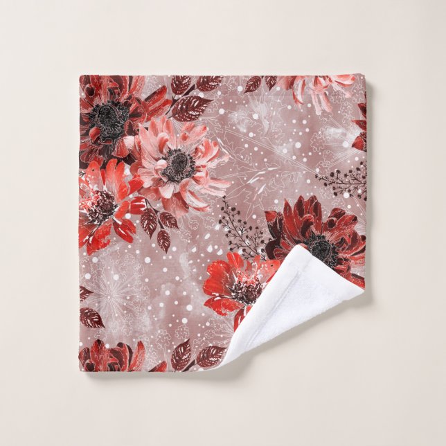 Red, burgundy flowers. (Gant de toilette)