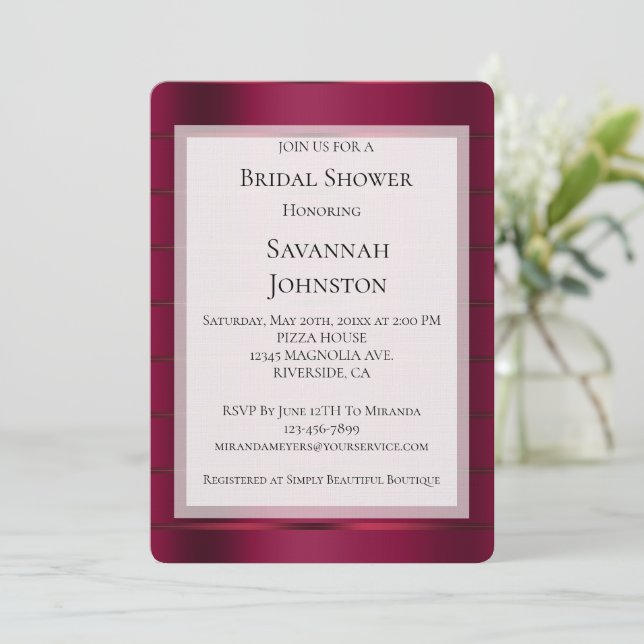 Red Burgundy Glam Ribbon Brautparty Einladung (Stehend Vorderseite)