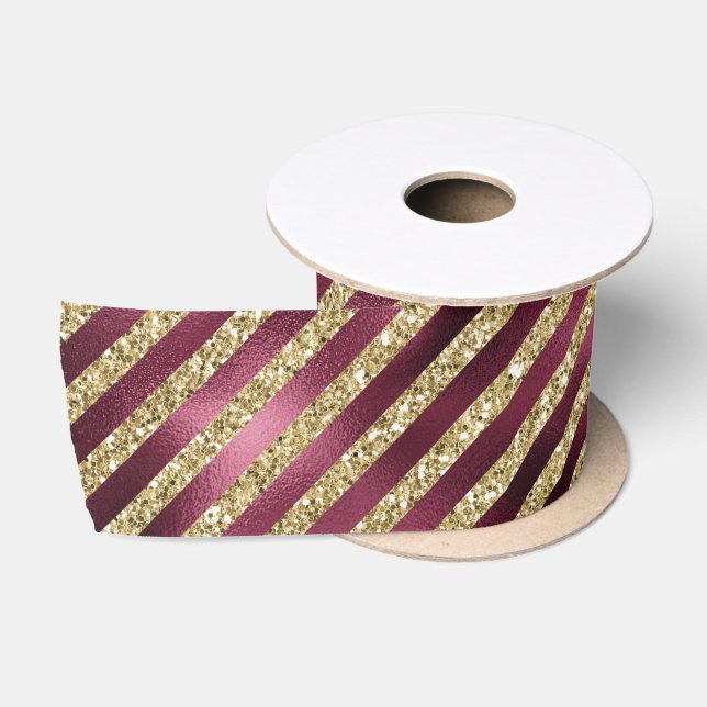 Red Burgundy Gold Glitzer Streifen  Satinband (Spule)