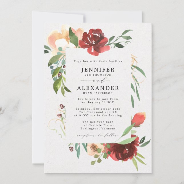 Red Burgundy Greenery Eucalyptus Floral Wedding Einladung (Vorderseite)