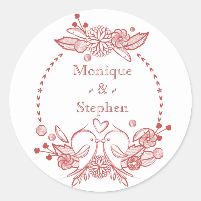 Red Burgundy LoveBirds Personalisierter Name Runder Aufkleber (Vorderseite)