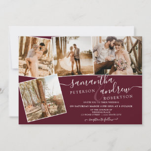 Red burgundy minimalistisches Skript 5 Fotos Hochz Einladung