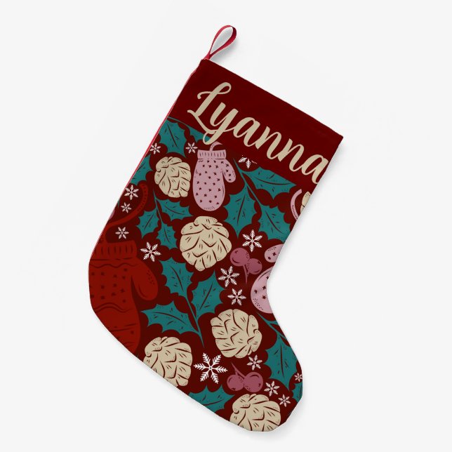 Red Burgundy Pattern Retro Gemütlicher Weihnachtsg Kleiner Weihnachtsstrumpf (Vorderansicht (hängend))