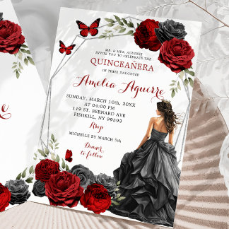 Red Burgundy Rose Schwarzes Kleid Quinceañera Einladung