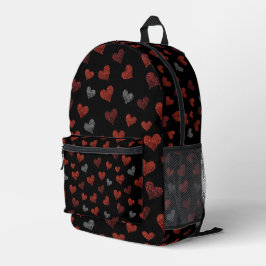 Red Burgundy Silver Glitter Hearts on Black Bedruckter Rucksack