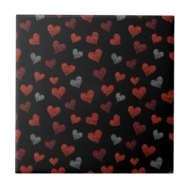 Red Burgundy Silver Glitter Hearts on Black Fliese (Vorderseite)