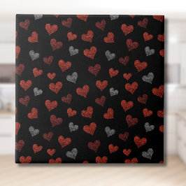 Red Burgundy Silver Glitter Hearts on Black Fliese