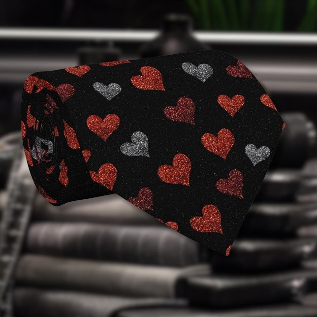 Red Burgundy Silver Glitter Hearts on Black Krawatte (Von Creator hochgeladen)