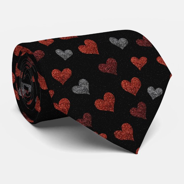 Red Burgundy Silver Glitter Hearts on Black Krawatte (Gerollt)
