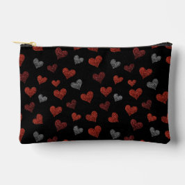 Red Burgundy Silver Glitter Hearts on Black Zubehörtasche