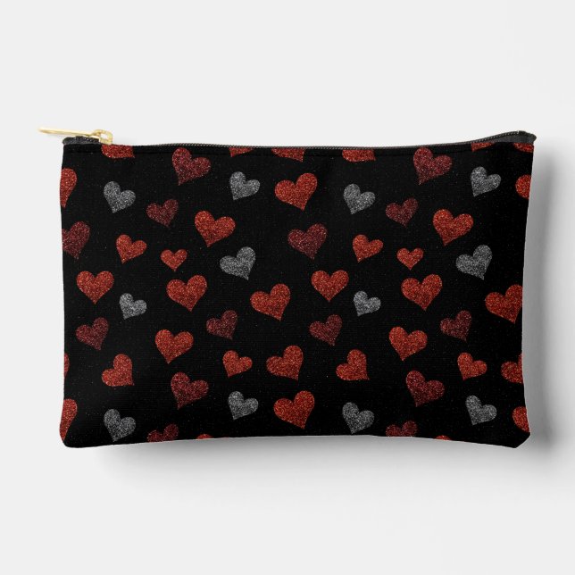 Red Burgundy Silver Glitter Hearts on Black Zubehörtasche (Vorderseite)