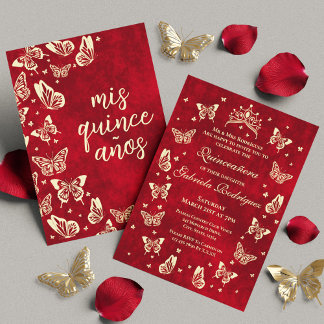 Red Burgundy und Gold Quinceñera Tiara Butterfly Einladung