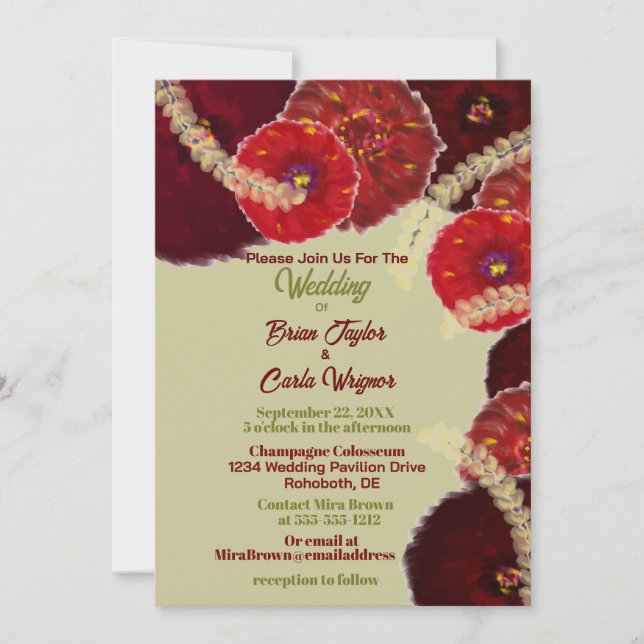 Red & Burgundy Watercolor Boho Wheat Wedding Einladung (Vorderseite)