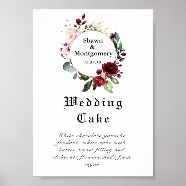 Red Burgundy Wedding Cake Sign Poster (Vorne)