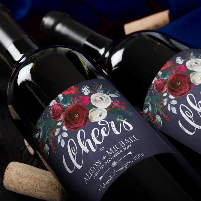 Red Burgundy White Navy Blue Floral Cheers Hochzei Weinetikett (Von Creator hochgeladen)