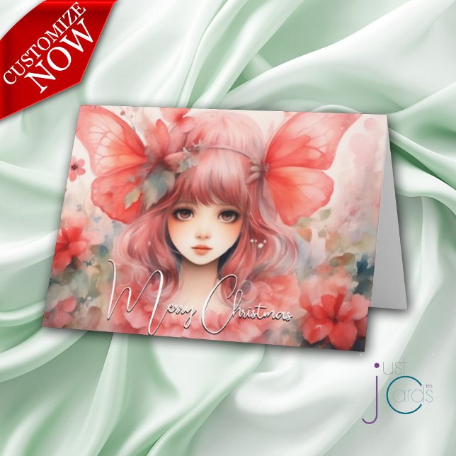 Red Butterfly Pixie Weihnachtsfeiertag Karte (Customizable Text)
