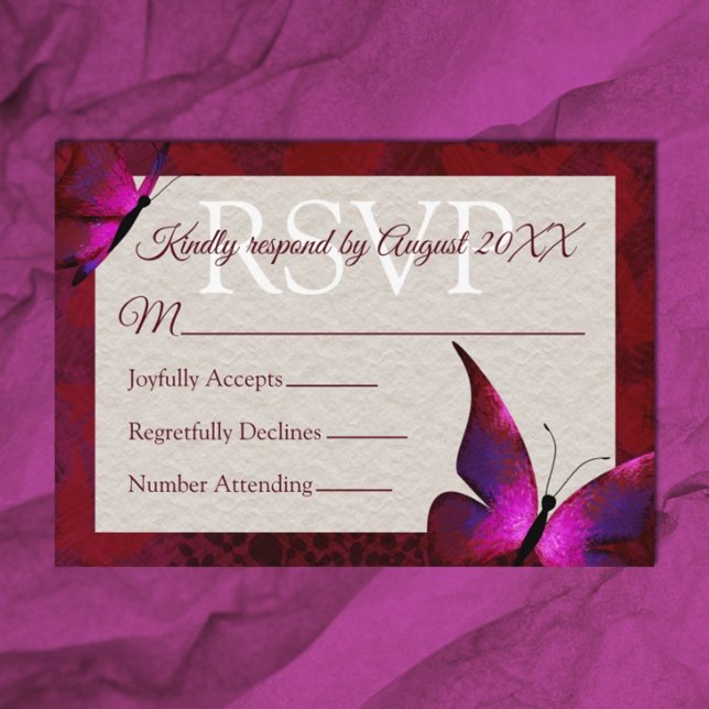 Red Butterfly Quinceañera RSVP Card Hinweiskarte (Red and pink quinceanera rsvp card for elegant red quinceanera invitations )