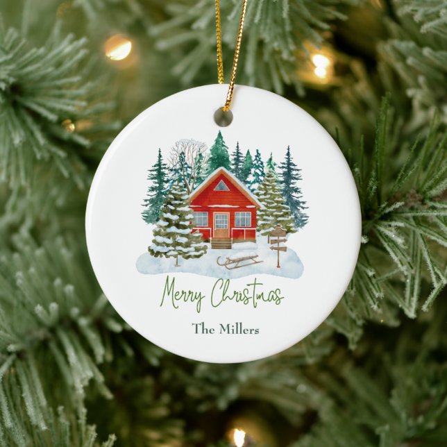 Red Cabin Frohe Weihnachten benutzerdefinierbare N Keramik Ornament (Baum)