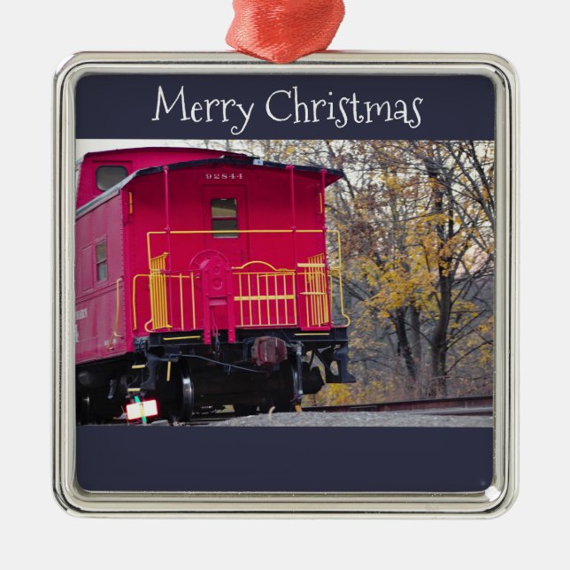 Red Caboose Train Foto Silbernes Ornament (Vorne)