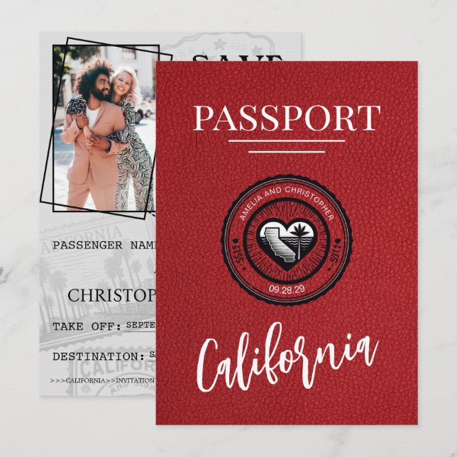 Red California Passport Save the Date (Vorne/Hinten)