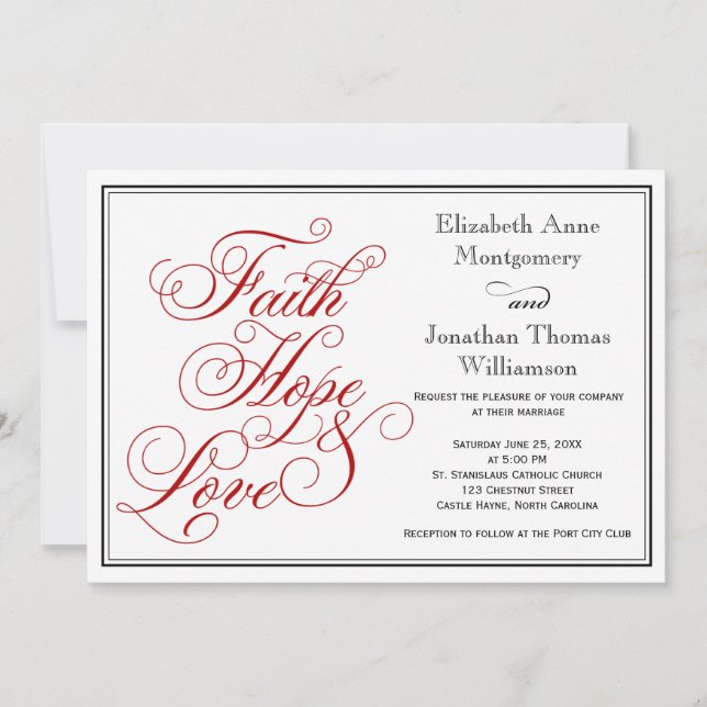 Red Calligraphy Faith Hope Liebe Hochzeit Einladun Einladung (Vorderseite)