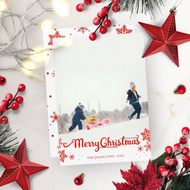 Red Calligraphy Foto Snowflake Weihnachten Einladung (Von Creator hochgeladen)