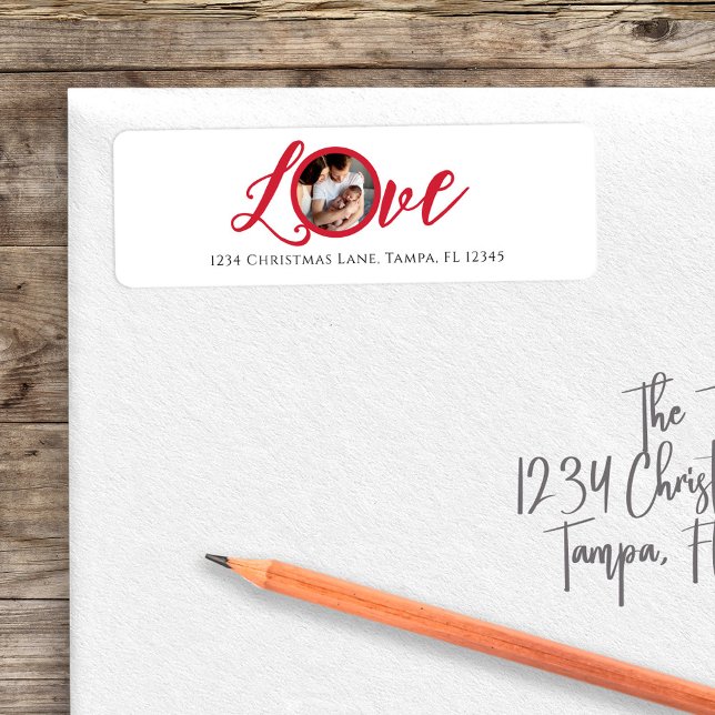 Red Calligraphy Script Foto Liebe (Love photo typography template return address label)