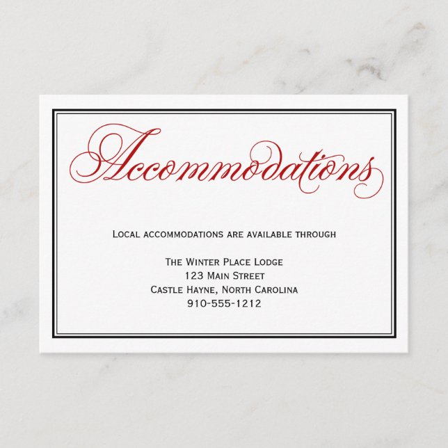 Red Calligraphy Script Wedding Accommodations Card Begleitkarte (Vorderseite)