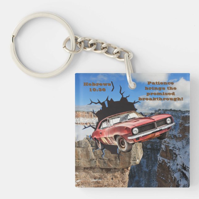 Red Camaro Mountain Cliff Christliche Schrift Schlüsselanhänger (Vorderseite)