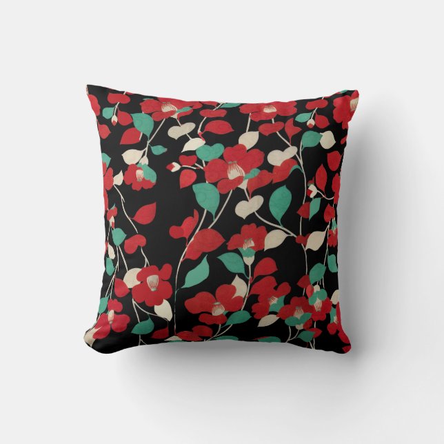 RED CAMELLIAS, WEISSE GRÜNE BLÄTTER BLACK Dark Flo Kissen (Vorderseite)