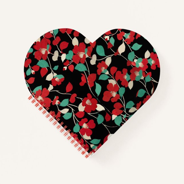 RED CAMELLIAS, WEISSE GRÜNE BLÄTTER BLACK Dark Flo Notizbuch (Vorderseite)