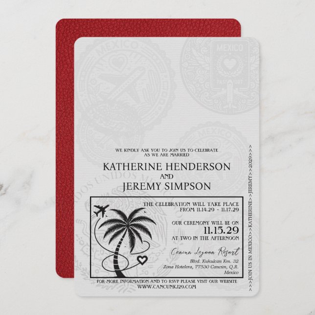 Red Cancun Passport Wedding Einladung (Vorne/Hinten)