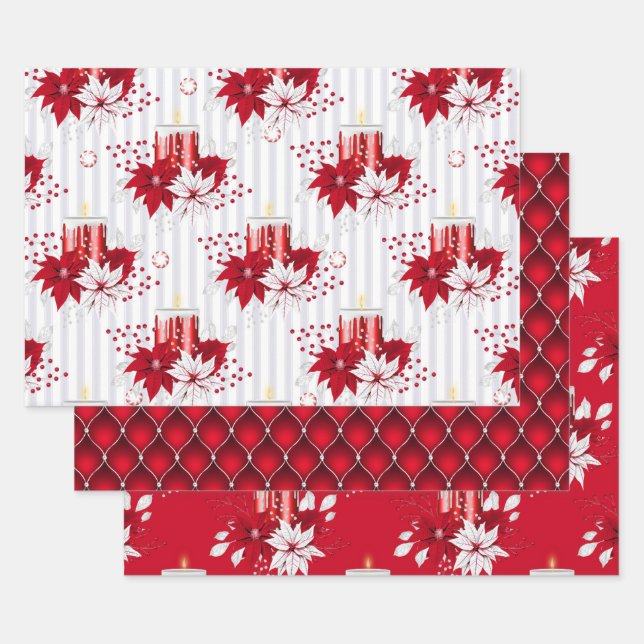Red Candle & Poinsettia Peppermint Christmas Geschenkpapier Set (Set)