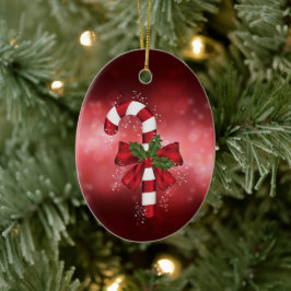 Red Candy Cane auf einem roten Bokeh Hintergrund Keramik Ornament