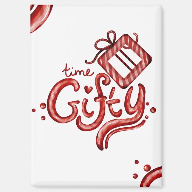 Red Candy Cane Christmas Decor “Gifty Time” Magnet (Vorderseite)