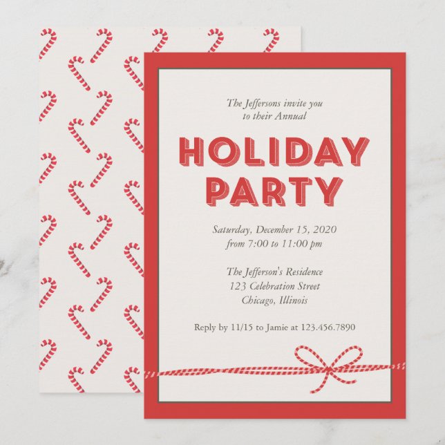 Red Candy Cane Ribbon Holiday Party Einladung (Vorne/Hinten)