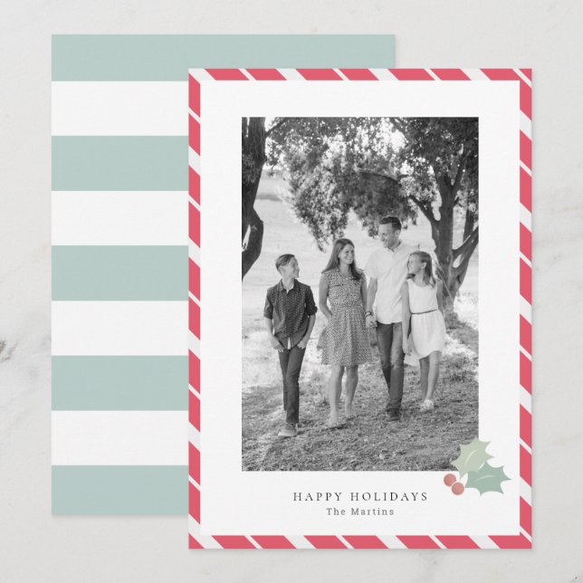 Red Candy Cane Stripes Moderne Foto Holiday Card Einladung (Vorne/Hinten)