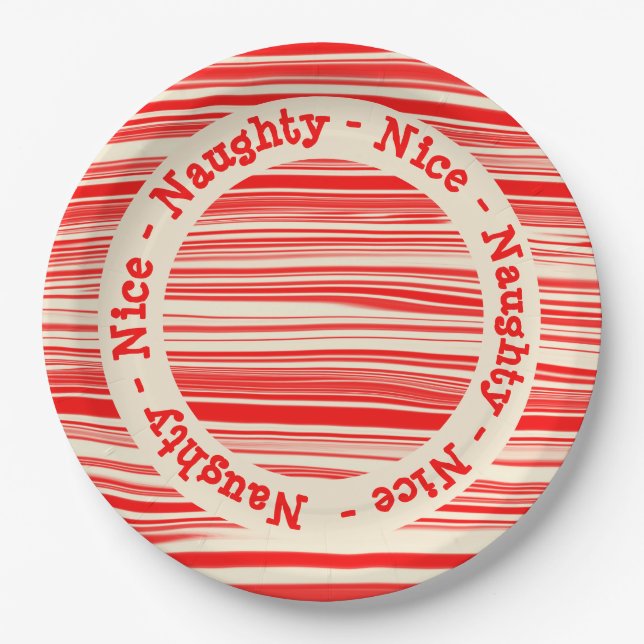 Red Candy Stripes Naughty Nice Christmas Pappteller (Vorderseite)