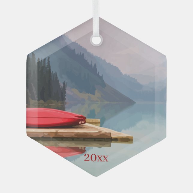 Red Canoe Mountain Landschaftlicher Wildnissee Ornament Aus Glas (Vorderseite)