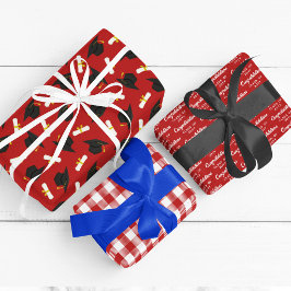 Red Caps Diplomas Mixed Graduation Patterns Geschenkpapier Set