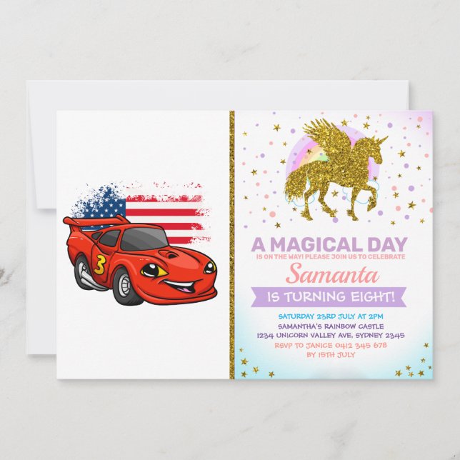 Red Car American Flag Cartoon - Rücken Farbe Einladung (Vorderseite)