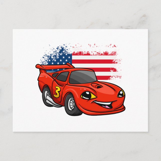Red Car American Flag Cartoon - Wählen Sie eine an Postkarte (Vorderseite)