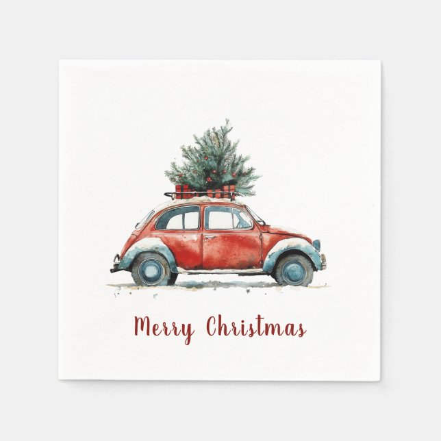 Red Car Christmas Tree Gifts Vintage Holiday Serviette (Vorderseite)
